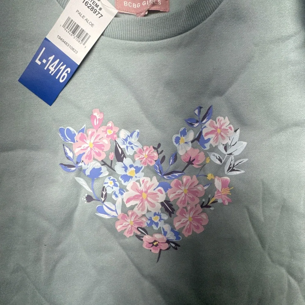 BCBG Girls 2pc Set Pale Aloe Sweatshirt Floral Leggings Size L 14/16 1628977 NEW